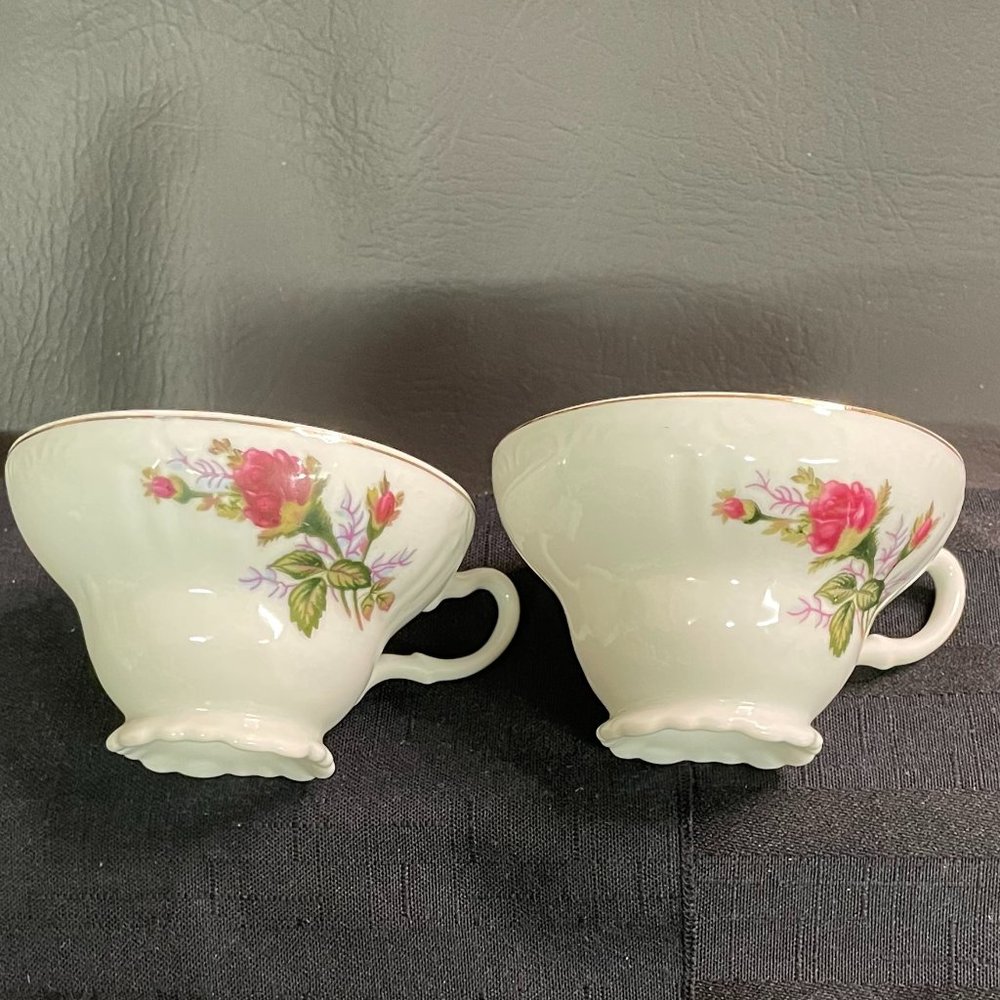 (2) Footed Cups  - Japan -  Scalloped, Embossed, Pink Moss Rose - Gold Trim EUC